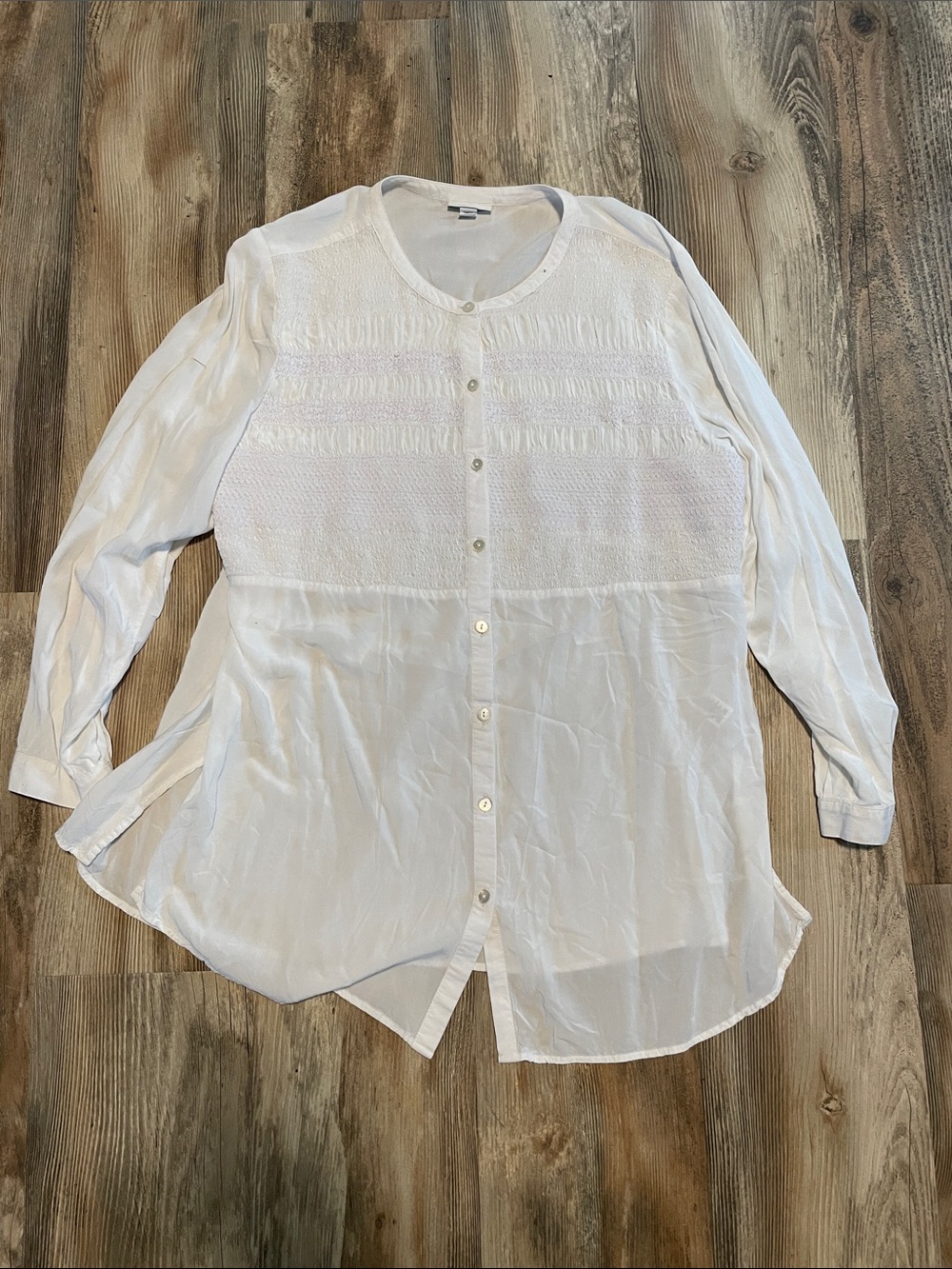 J. Jill White Long-Sleeve Button-Down Rayon Tunic Shirt with Textured Front